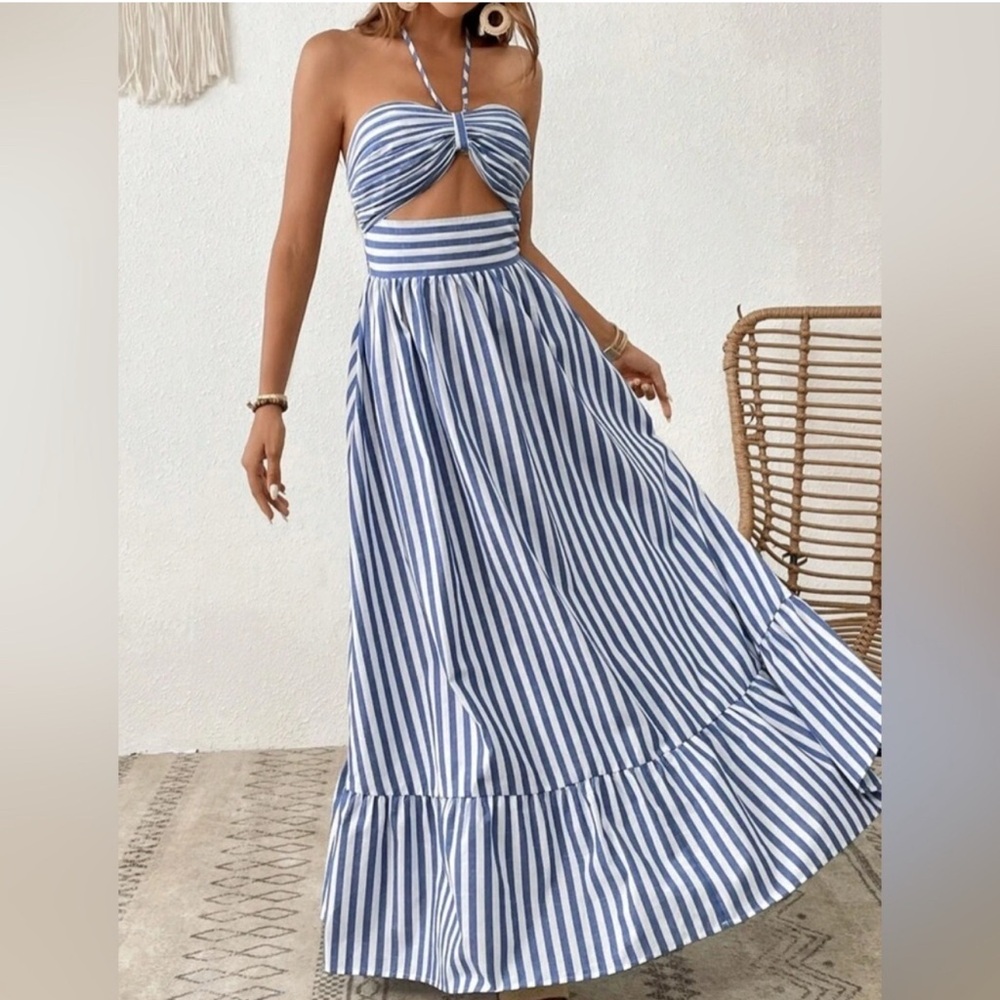 SHEIN Blue and White Strapless Dress